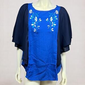 Floral Boho Top, Blue/Navy, Large, New with Tags